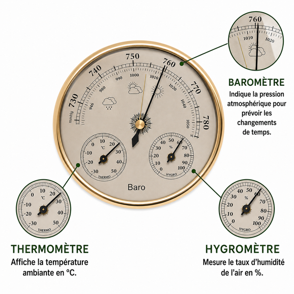 Baromètre 3-en-1 BaroPlus® Thermomètre & Hygromètre - Analyse climatique précise